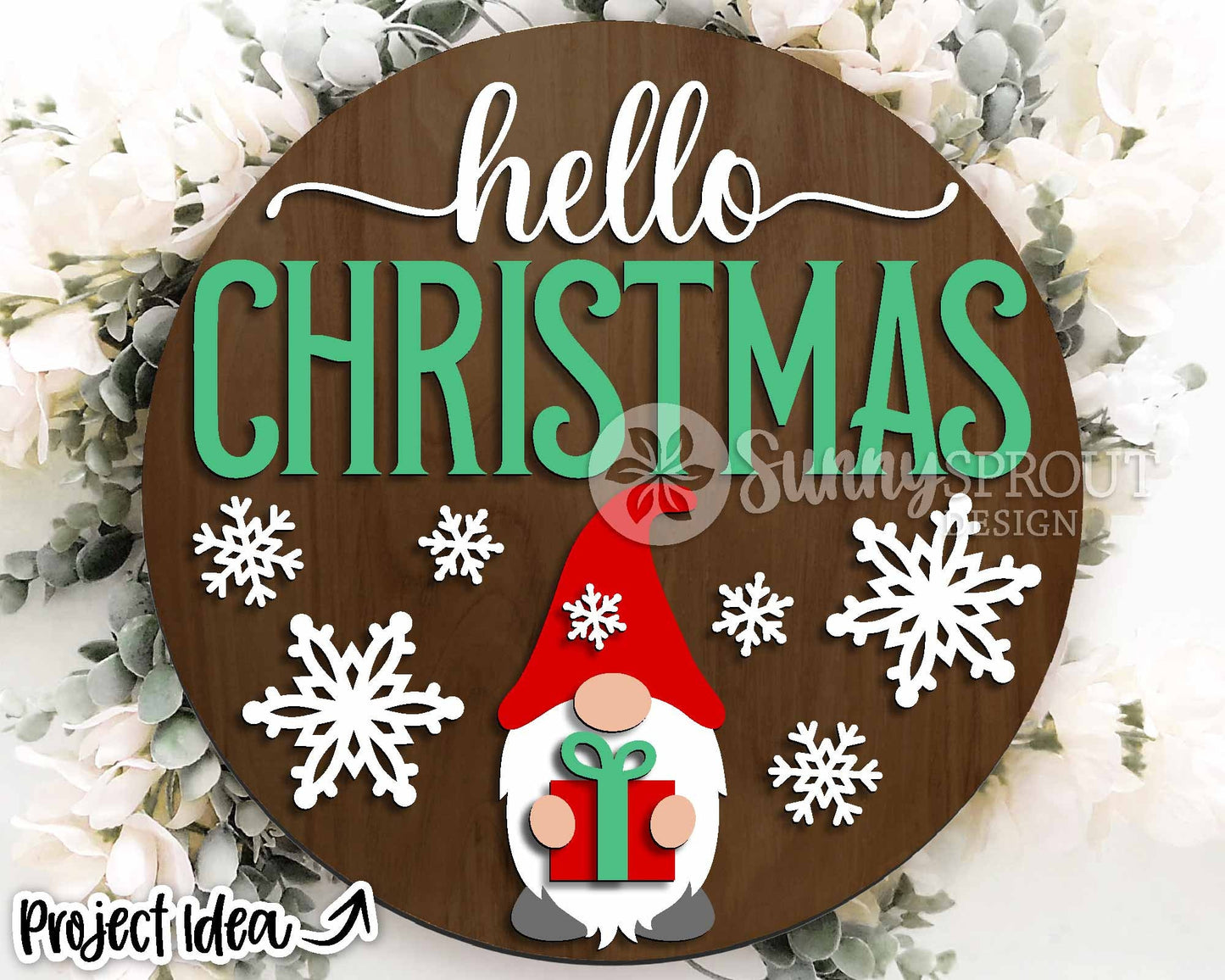 Hello Christmas Gnome Snowflake Sign, Digital Download, SVG Laser Cut File, Cricut, Round Door Hanger Design