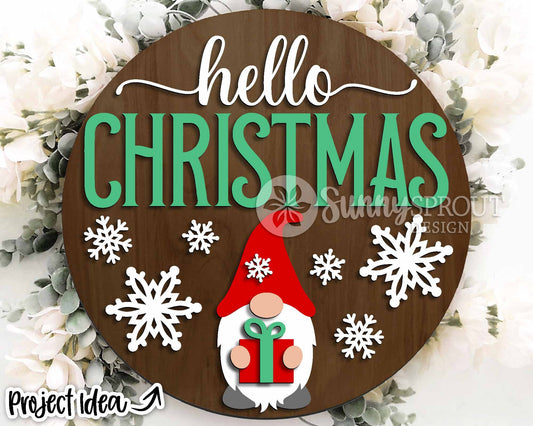 Hello Christmas Gnome Snowflake Sign, Digital Download, SVG Laser Cut File, Cricut, Round Door Hanger Design