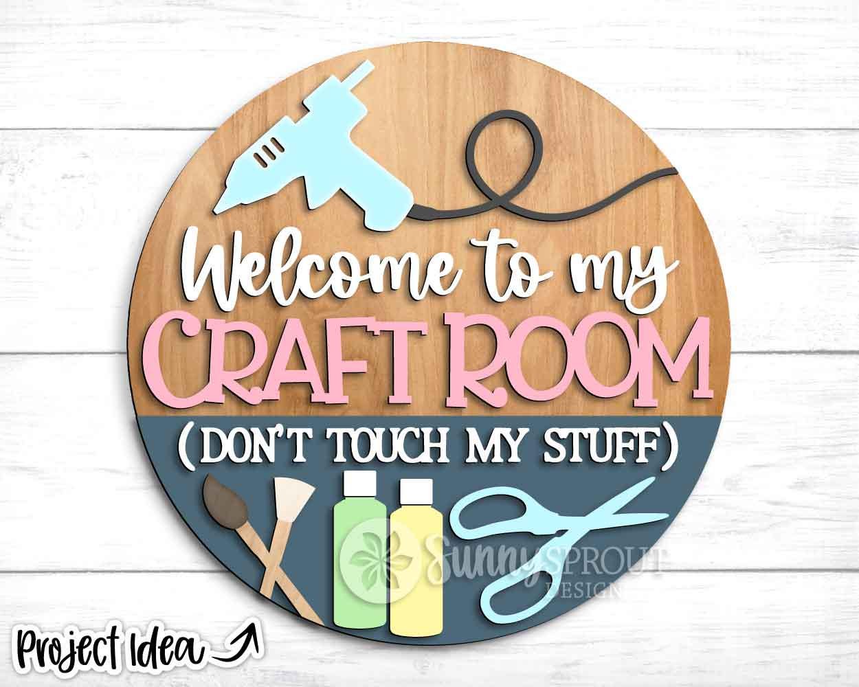 Craft Room Supplies Welcome Sign, Digital Download, SVG Laser Cut File, Cricut, Round Door Hanger Design