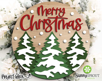 Merry Christmas Snowy Pine Trees Sign, Digital Download, SVG Laser Cut File, Cricut, Round Door Hanger Design