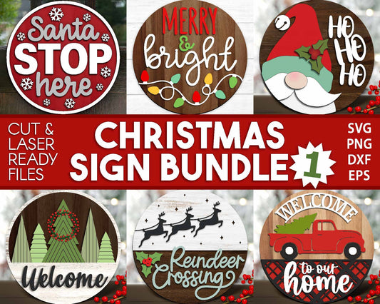 Christmas Laser Sign Bundle, Round door hanger, Glowforge laser file, Cricut cut file, Silhouette, Holiday welcome svg