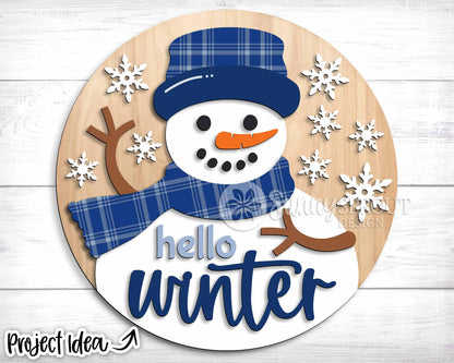 Hello Winter Snowman Sign, Round door hanger SVG, Glowforge laser cut file, Cricut, Winter decor svg, Welcome sign svg