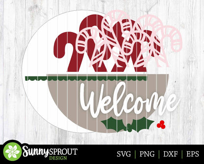 Welcome Candy Cane Sign, Digital Download, SVG Laser Cut File, Cricut, Round Door Hanger Design, Christmas Decor