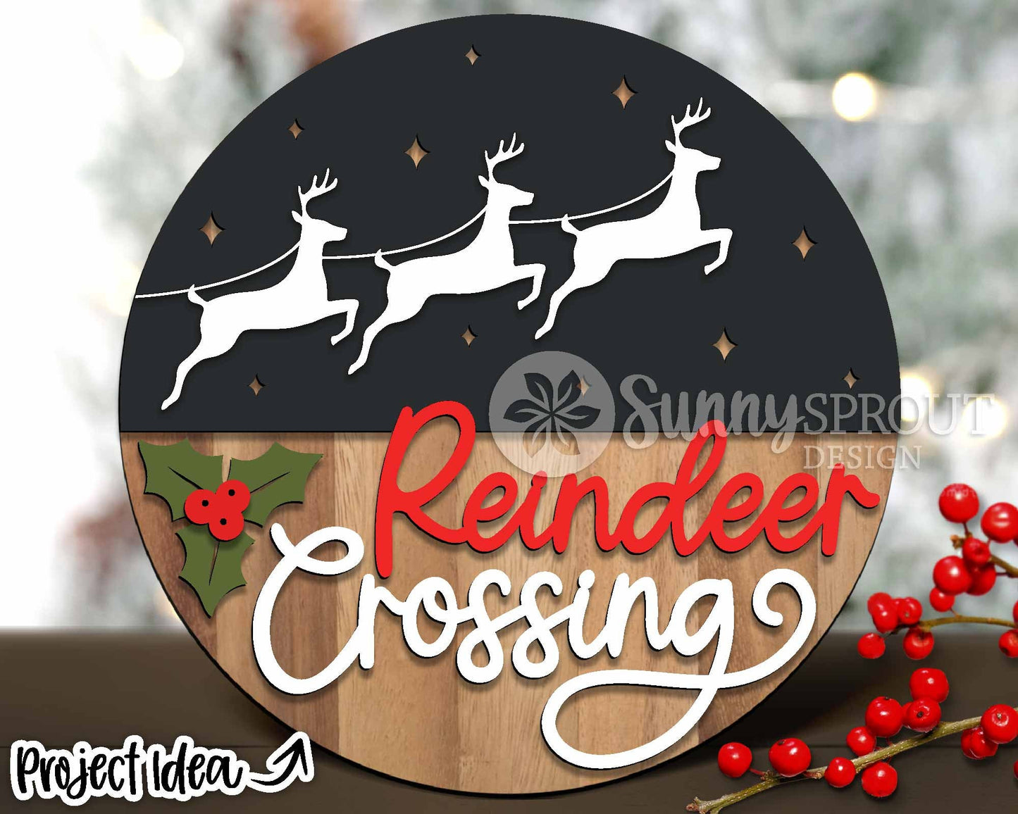 Reindeer Crossing Sign, Digital Download, SVG Laser Cut File, Cricut, Round Door Hanger Design, Santa Christmas Decor
