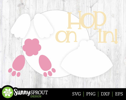 Hop On In Bunny Tail Sign, Digital download, SVG Laser cut file, Cricut, Round door hanger design, Easter decor
