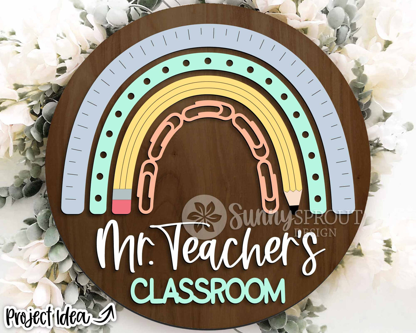 Classroom Rainbow Teacher Name Sign, Digital download, SVG Laser cut file, Cricut, Round door hanger design, Personalize school decor