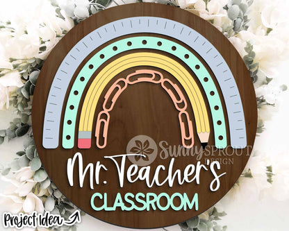 Classroom Rainbow Teacher Name Sign, Digital download, SVG Laser cut file, Cricut, Round door hanger design, Personalize school decor
