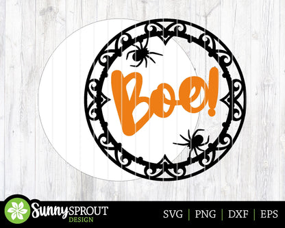 Boo Spider Frame Sign, Digital Download, SVG Laser Cut File, Cricut, Round Halloween Door Hanger Design