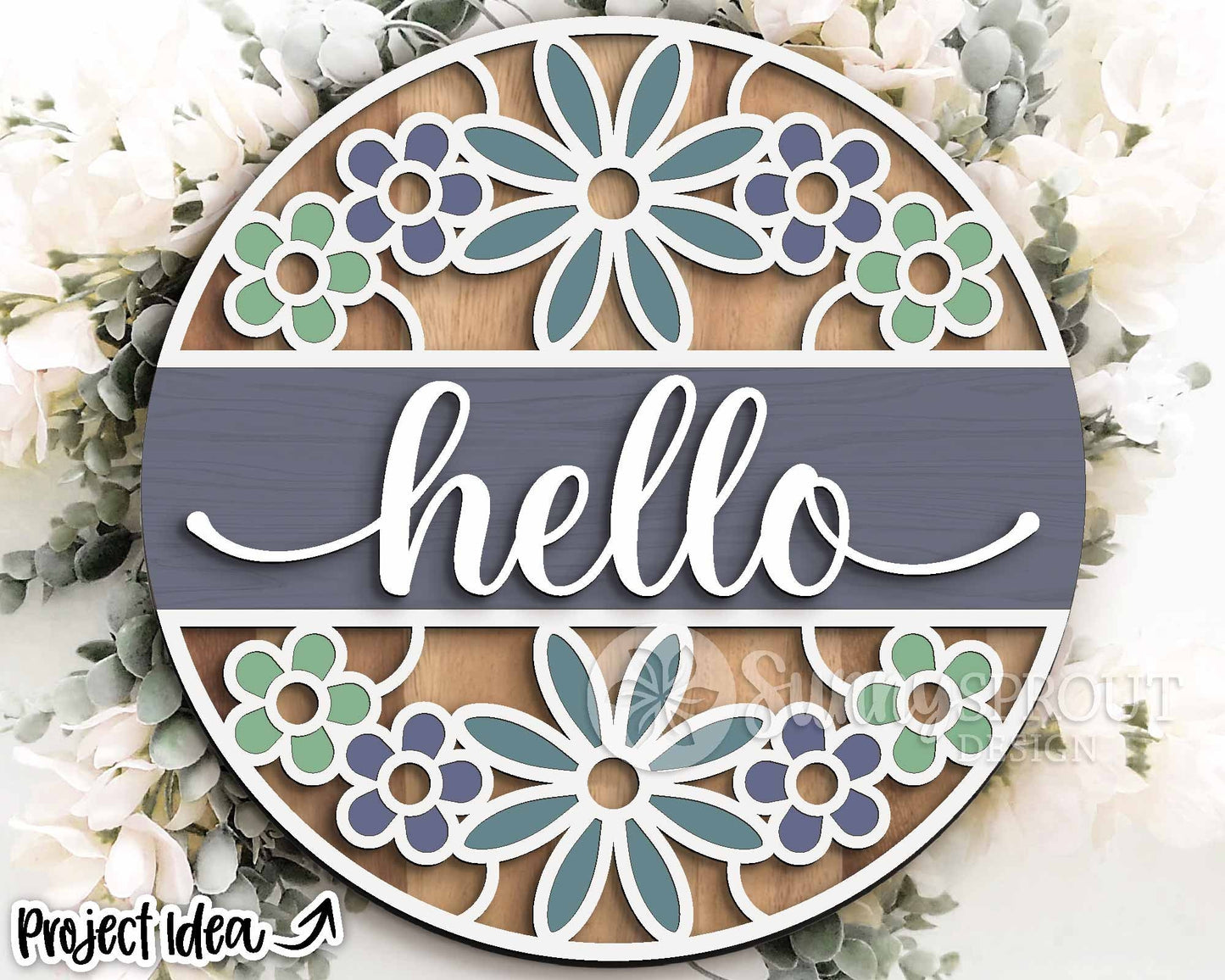Hello Flower Pattern Round Sign, Digital download, SVG Laser cut file, Cricut, Round door hanger design, Easter spring summer decor