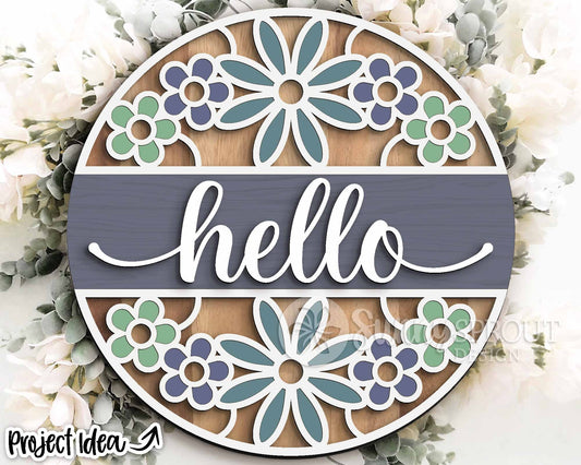 Hello Flower Pattern Round Sign, Digital download, SVG Laser cut file, Cricut, Round door hanger design, Easter spring summer decor