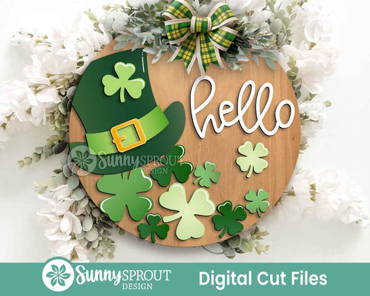 Hello Leprechaun Hat & Shamrocks Sign, Digital Download, SVG Laser Cut File, Cricut, Round Door Hanger Design, St. Patrick's Day Decor