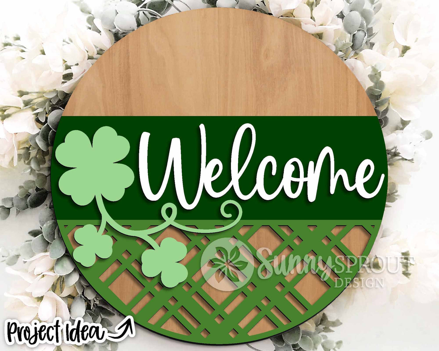 Welcome Lucky Clover Sign, Digital Download, SVG Laser Cut File, Cricut, Round Door Hanger Design, St. Patrick's Day Shamrock Decor