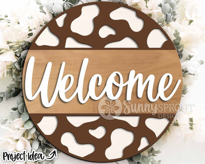 Welcome Cow Print Sign, Digital download, SVG Laser cut file, Cricut, Round door hanger design, Farm animal decor