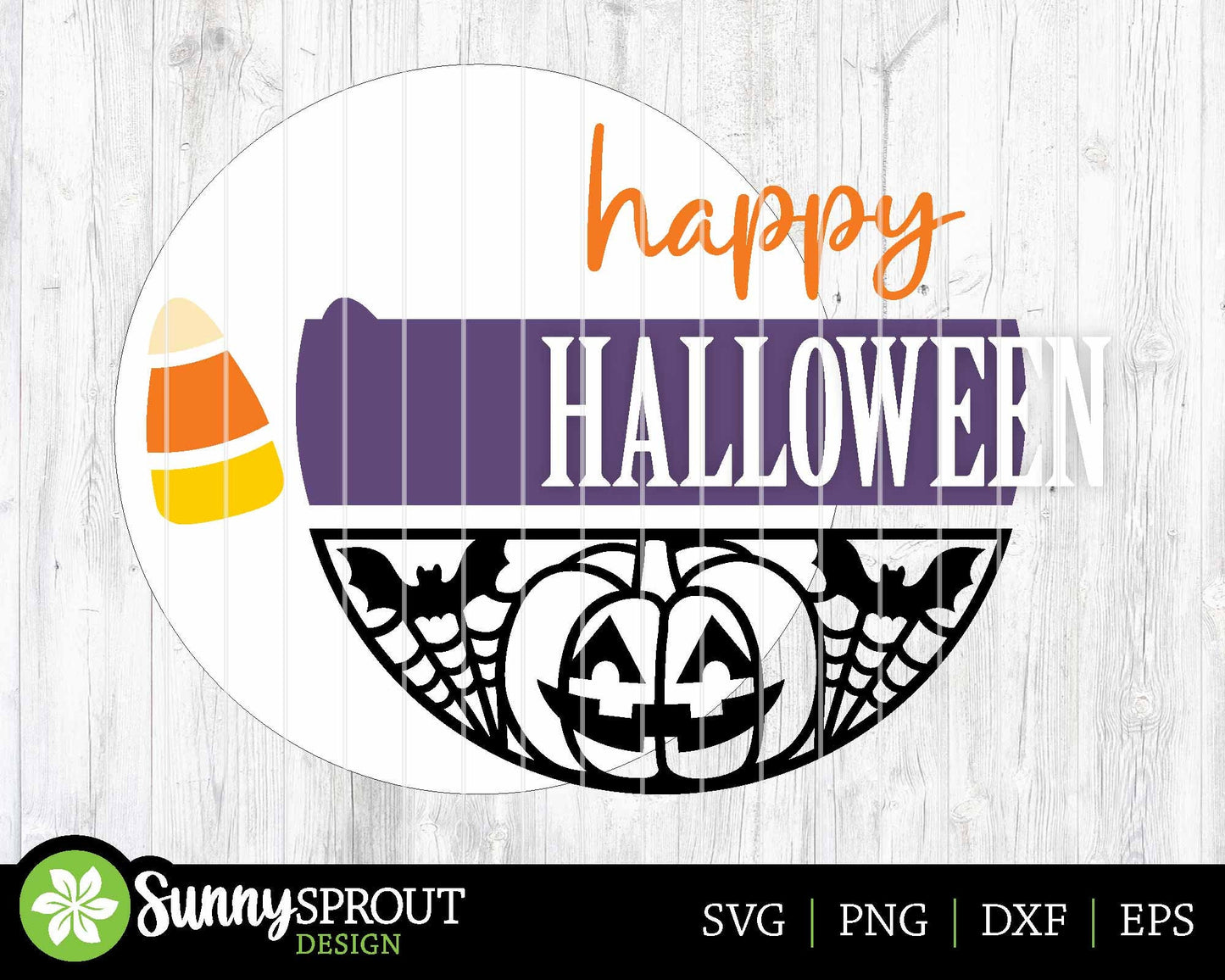 Happy Halloween Candy Corn Jack-o-lantern Sign, Digital Download, SVG Laser Cut File, Cricut, Round Halloween Door Hanger Design