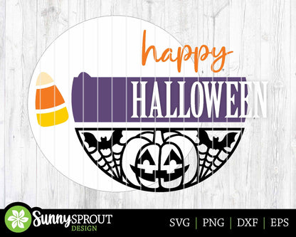 Happy Halloween Candy Corn Jack-o-lantern Sign, Digital Download, SVG Laser Cut File, Cricut, Round Halloween Door Hanger Design