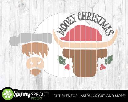 Mooey Christmas Highland Cow Sign, Digital Download, SVG Laser Cut File, Cricut, Round Door Hanger Design, Farmhouse Decor