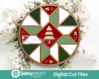 Christmas Tree Barn Quilt Sign, Digital Download, SVG Laser Cut File, Cricut, Round Door Hanger Design, Farmhouse Christmas Decor