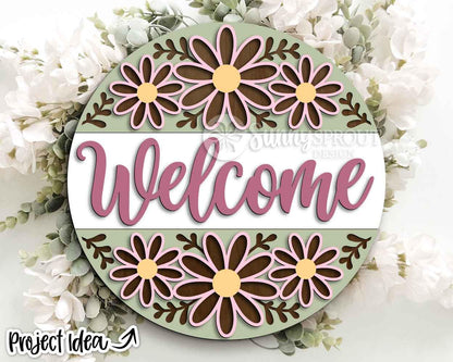 Welcome Flower Pattern Sign, Digital Download, SVG Laser Cut File, Cricut, Spring Summer Round Door Hanger Design