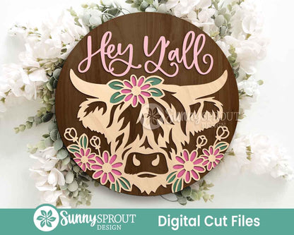 Highland Cow Flower Hey Y'all Sign, Digital download, SVG Laser cut file, Cricut, Round door hanger design, Farm animal decor