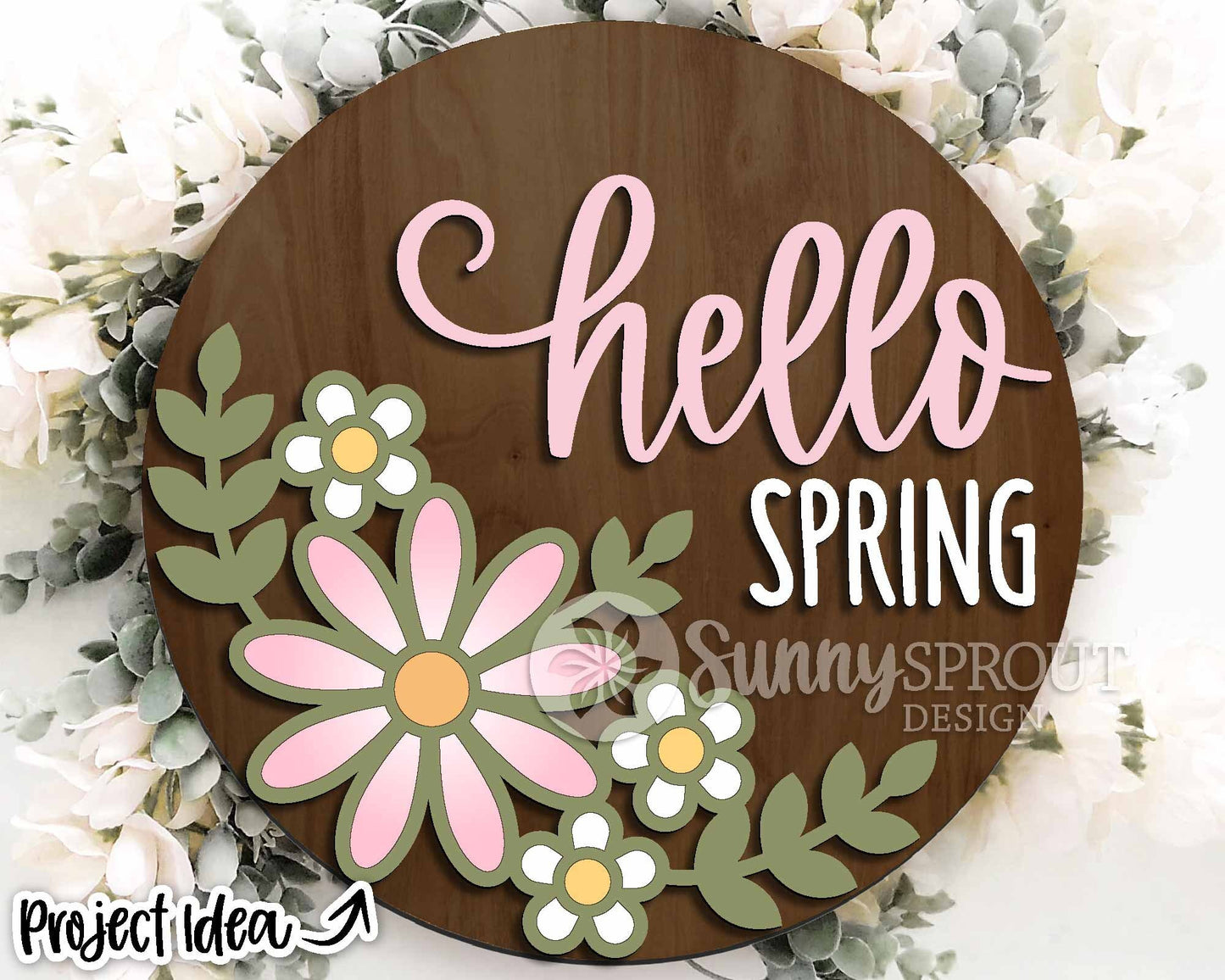 Hello Spring Floral Sign, Digital download, SVG Laser cut file, Cricut, Round door hanger design
