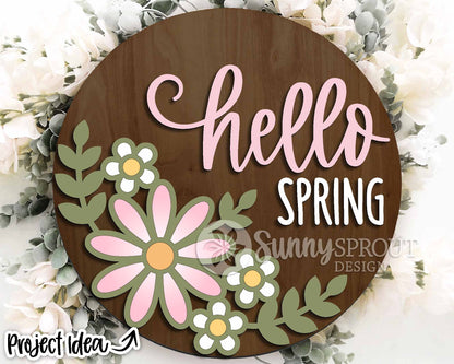 Hello Spring Floral Sign, Digital download, SVG Laser cut file, Cricut, Round door hanger design
