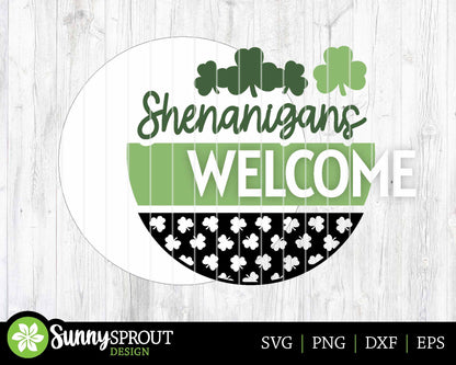 Shenanigans Welcome Sign, Digital Download, SVG Laser Cut File, Cricut, Round Door Hanger Design, St. Patrick's Day Decor