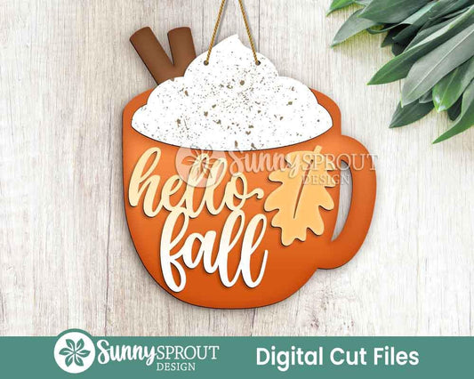 Hello Fall Pumpkin Spice Latte Mug Sign, Digital Download, SVG Laser Cut File, Cricut, Door Hanger Design