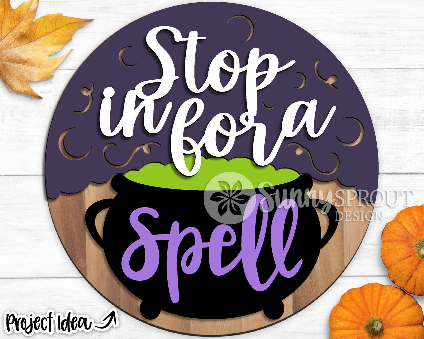Stop In For A Spell Witch Cauldron Sign, Digital Download, SVG Laser Cut File, Cricut, Round Halloween Door Hanger Design