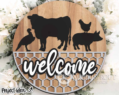 Welcome Farm Animals Sign, Digital download, SVG Laser cut file, Cricut, Round door hanger design, Farm animal decor