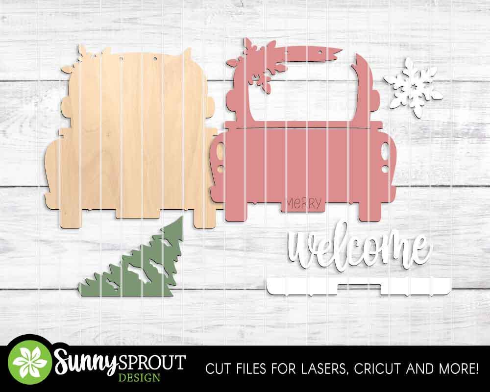 Welcome Christmas Tree Old Truck Sign, Digital Download, SVG Laser Cut File, Cricut, Door Hanger Design, Farmhouse Christmas Decor