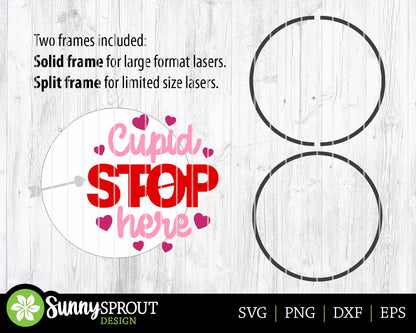 Cupid Stop Here Heart Sign, Digital Download, SVG Laser Cut File, Cricut, Round Door Hanger Wall Art Design, Valentine's Day Decor