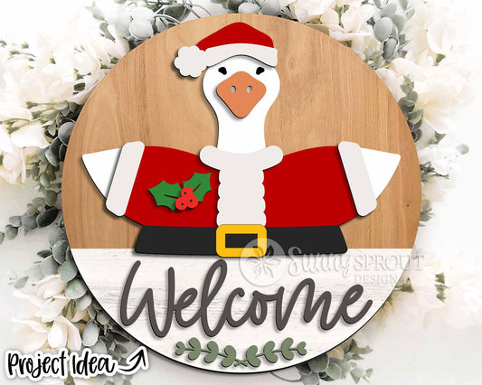 Santa Goose Welcome Christmas Sign, Digital Download, SVG Laser Cut File, Cricut, Round Door Hanger Design