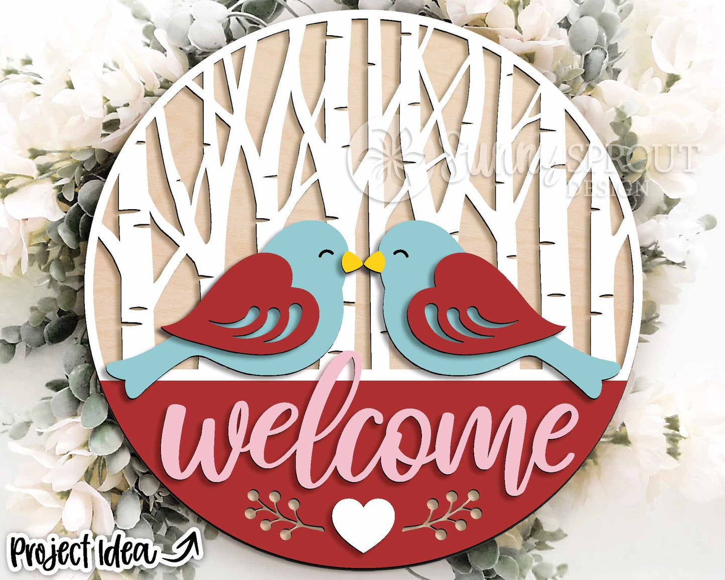 Welcome Love Bird Birch Tree Sign, Digital Download, SVG Laser Cut File, Cricut, Round Door Hanger Design, Valentine's Day Decor