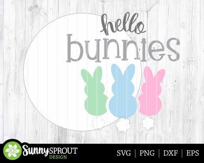 Hello Bunnies Tail Sign, Digital download, SVG laser cut file, Cricut, Round door hanger design, Spring Easter decor