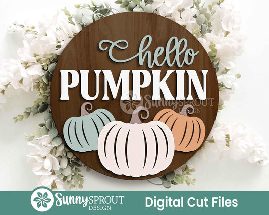 Hello Pumpkin Three Pumpkin Sign, Digital Download, SVG Laser Cut File, Cricut, Round Fall Door Hanger Design
