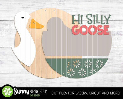 Hi Silly Goose Flower Sign, Digital Download, SVG Laser Cut File, Cricut, Summer Round Door Hanger Design