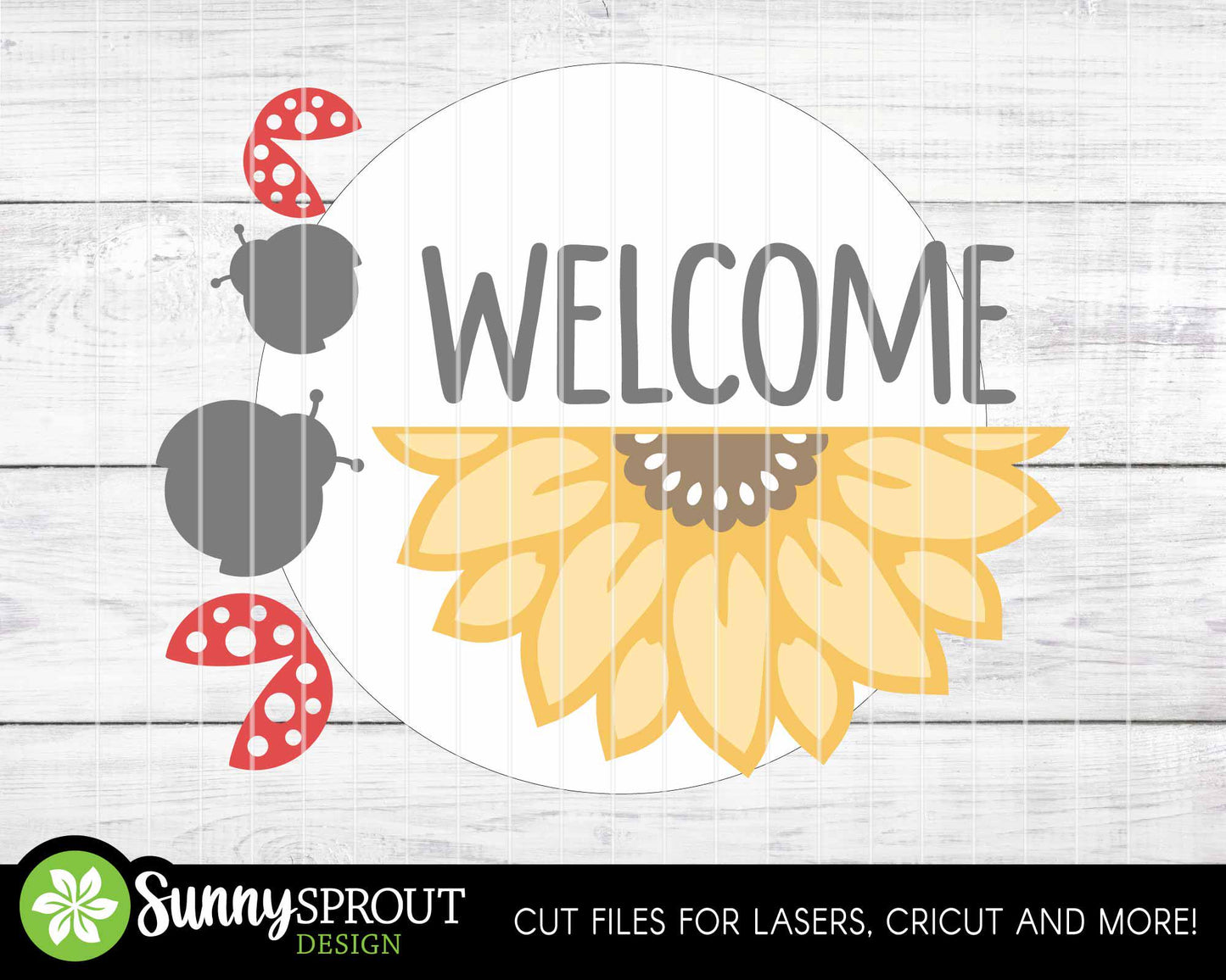 Welcome Ladybug Sunflower Sign, Digital Download, SVG Laser Cut File, Cricut, Summer Fall Round Door Hanger Design