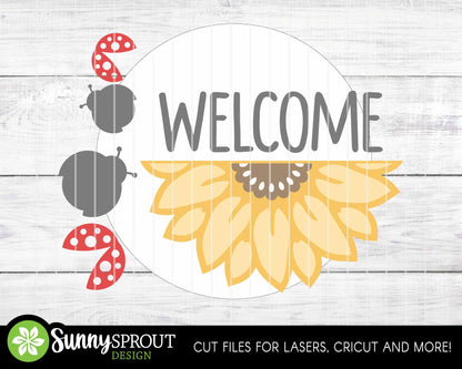 Welcome Ladybug Sunflower Sign, Digital Download, SVG Laser Cut File, Cricut, Summer Fall Round Door Hanger Design