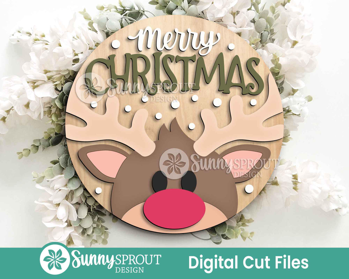 Merry Christmas Reindeer Sign, Digital Download, SVG Laser Cut File, Cricut, Round Door Hanger Design