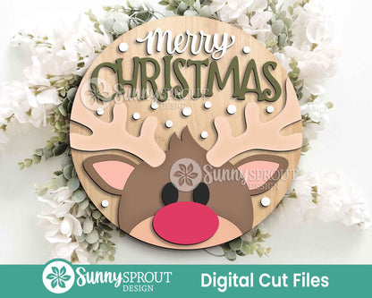 Merry Christmas Reindeer Sign, Digital Download, SVG Laser Cut File, Cricut, Round Door Hanger Design