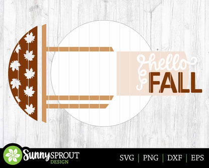 Hello Fall Leaves Sign, Digital Download, SVG Laser Cut File, Cricut, Modern Round Fall Door Hanger Design