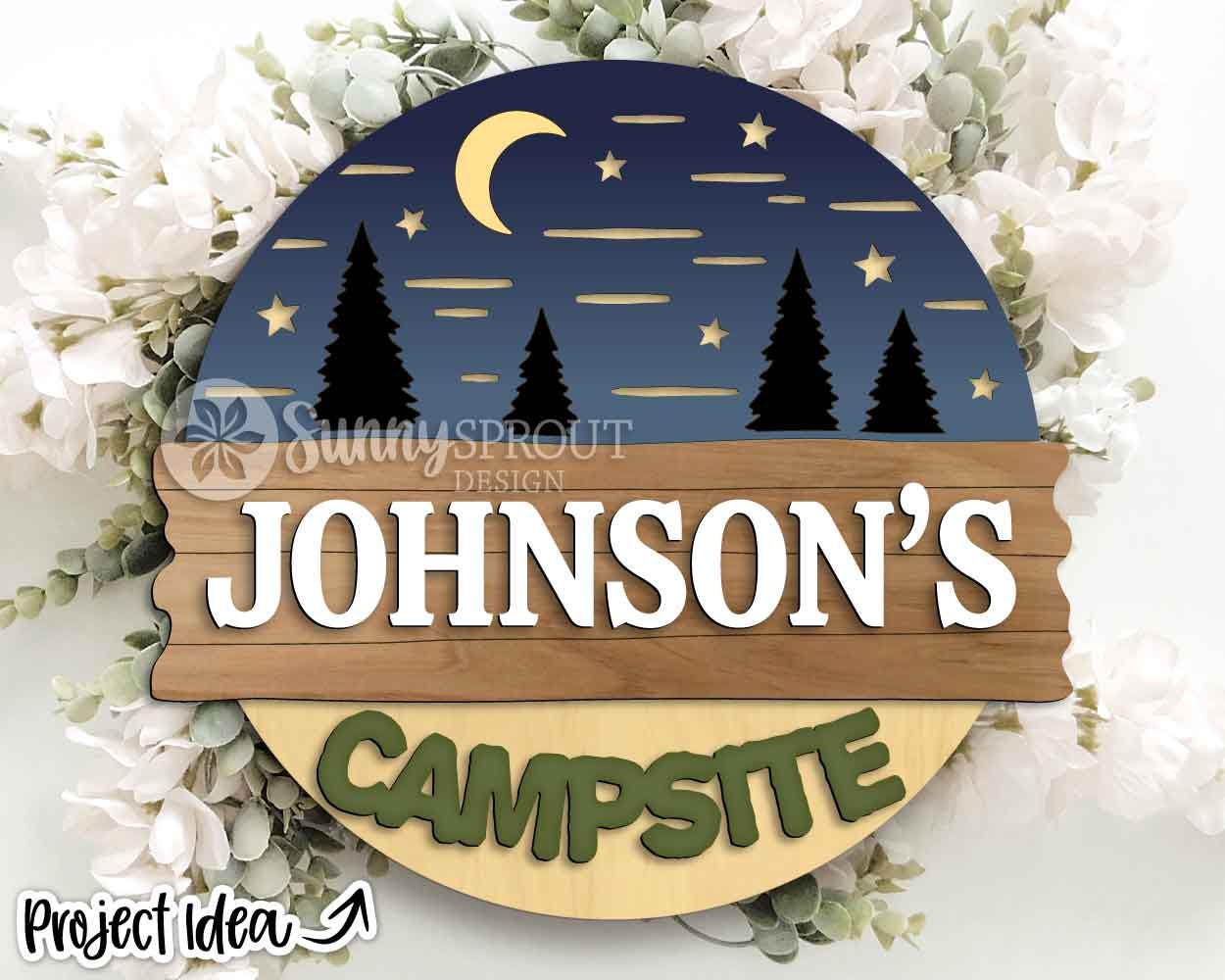 Personalizable Campsite Sign, Digital download, SVG Laser cut file, Cricut, Round door hanger design, Family name camping decor