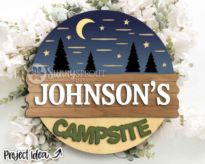 Personalizable Campsite Sign, Digital download, SVG Laser cut file, Cricut, Round door hanger design, Family name camping decor