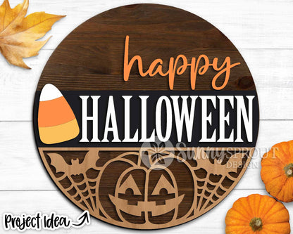 Happy Halloween Candy Corn Jack-o-lantern Sign, Digital Download, SVG Laser Cut File, Cricut, Round Halloween Door Hanger Design