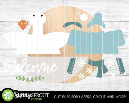 Goose Welcome Winter Sign, Round door hanger svg, Glowforge laser file, Cricut, Snowflake sign svg, Interchangeable outfit