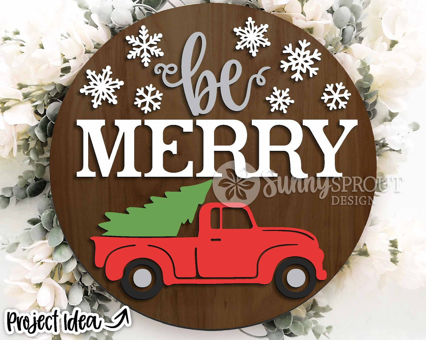 Be Merry Tree Old Truck Sign, Digital Download, SVG Laser Cut File, Cricut, Round Door Hanger Design, Farmhouse Christmas Decor