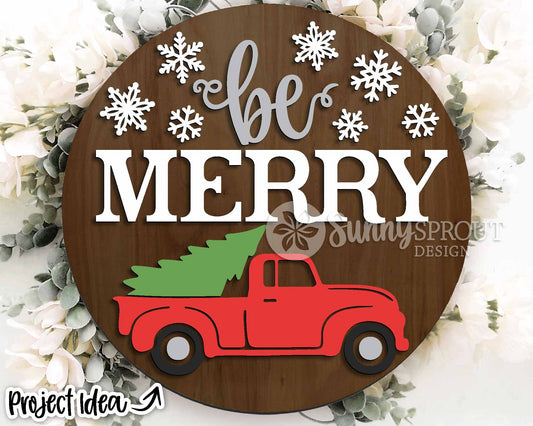 Be Merry Tree Old Truck Sign, Digital Download, SVG Laser Cut File, Cricut, Round Door Hanger Design, Farmhouse Christmas Decor