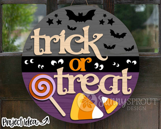 Trick Or Treat Candy Bats Sign, Digital Download, SVG Laser Cut File, Cricut, Round Halloween Door Hanger Design