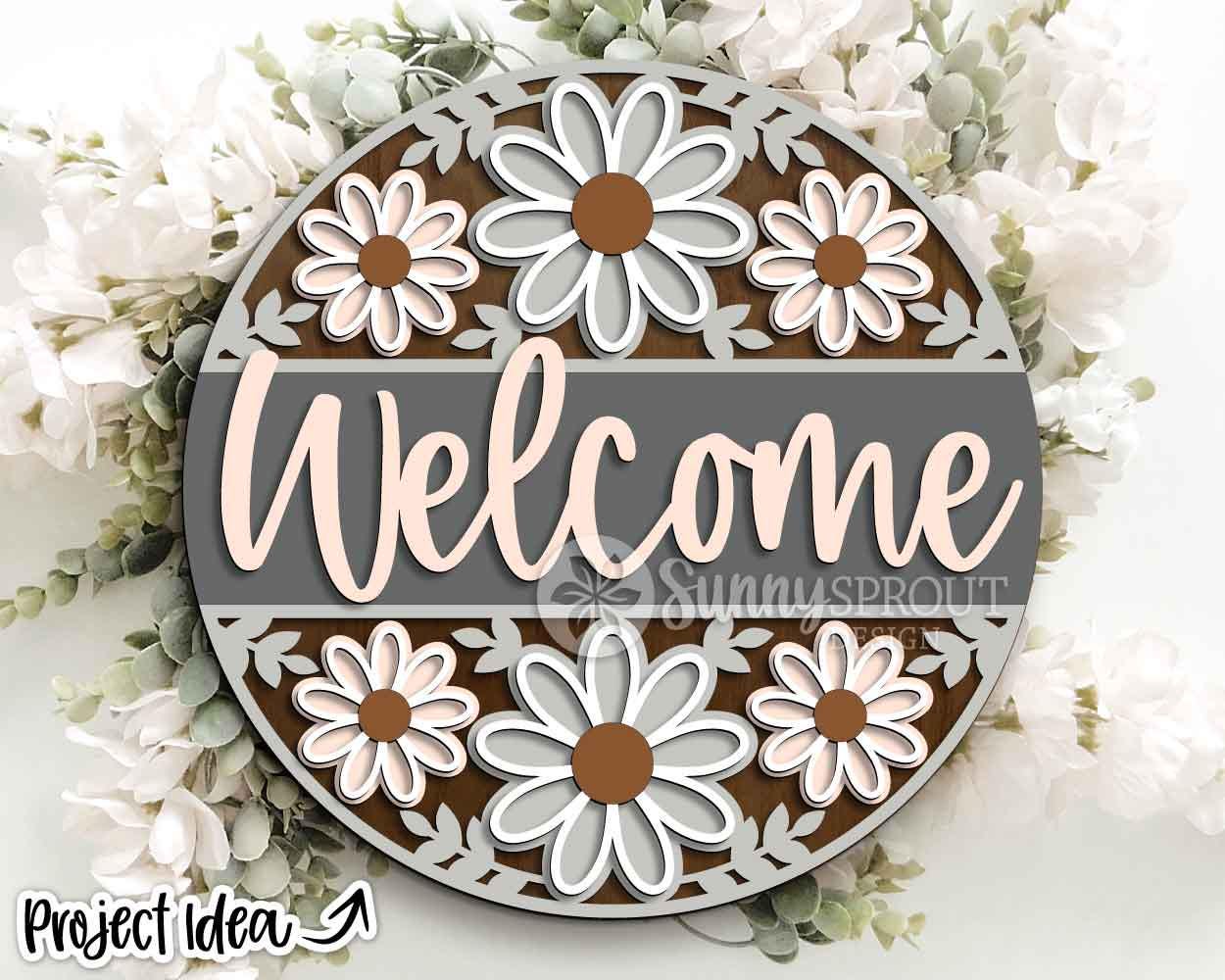 Welcome Flower Pattern Sign, Digital Download, SVG Laser Cut File, Cricut, Summer Floral Round Door Hanger Design
