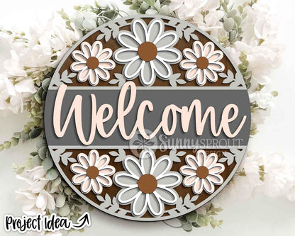 Welcome Flower Pattern Sign, Digital Download, SVG Laser Cut File, Cricut, Summer Floral Round Door Hanger Design